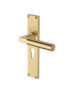 Heritage Brass Satin Brass Bauhaus Reeded Door Handle on Plate - Euro Profile