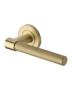 Satin Brass Phoenix Knurled Door Handle on Round Rose