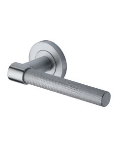Satin Chrome Phoenix Knurled Door Handle on Round Rose