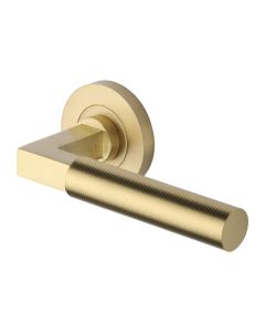 Satin Brass Spectral Door Handle on Round Rose