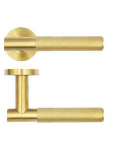 Satin Brass Orta Knurled Lever on Round Rose | RT060PVDSB