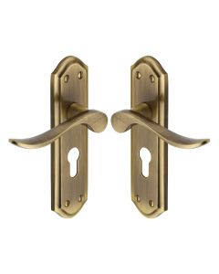 Heritage Brass Antique Brass Sandown Door Handle on Plate - Euro Profile