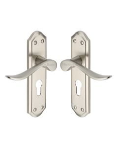 Heritage Brass Satin Nickel Sandown Door Handle on Plate - Euro Profile