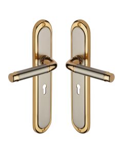 Heritage Brass Jupiter Split Finish Saturn Long Door Handle on Plate - Lever Lock