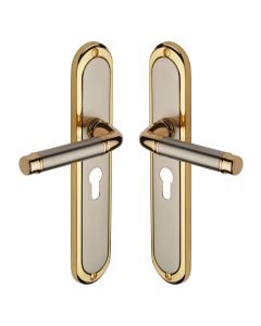 Heritage Brass Jupiter Split Finish Saturn Long Door Handle on Plate - Euro Profile