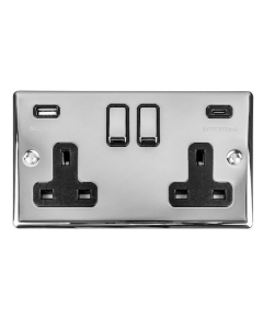 Eurolite Polished Chrome Enhance Decorative 2 Gang USBC Socket with Black Trim | EN2USBCPCB