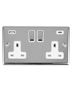 Eurolite Polished Chrome Enhance Decorative 2 Gang USBC Socket with White Trim | EN2USBCPCW