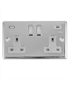 Eurolite Polished Chrome Enhance Decorative 2 Gang USBC Socket with Grey Trim | EN2USBCPCG