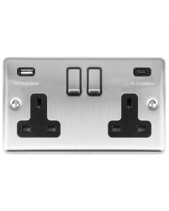 Eurolite Stainless Steel Enhance Decorative 2 Gang USBC Socket with Black Trim | EN2USBCSSB