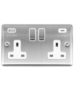 Eurolite Stainless Steel Enhance Decorative 2 Gang USBC Socket with White Trim | EN2USBCSSW