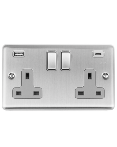 Eurolite Stainless Steel Enhance Decorative 2 Gang USBC Socket with Grey Trim | EN2USBCSSG