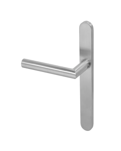 BLU Satin Stainless Steel Mitre Lever Door Handle on backplate  |  KM070S-SSS