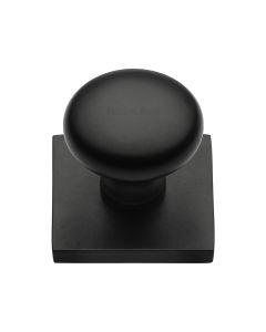 Heritage Brass Matt Black Victorian Round Cabinet Knob with Square Backplate 32mm