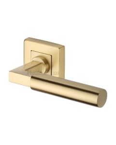 Satin Brass Bauhaus Sq Door Handle on Square Rose