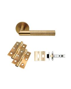 LATCH PACK - Satin Brass Crown Knurled Lever Door Handle Set-Non-Fire Rated