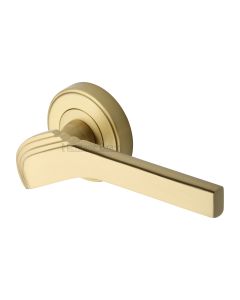 Satin Brass Tiffany Door Handle on Round Rose