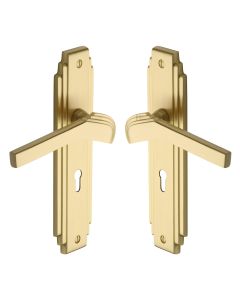 Heritage Brass Satin Brass Tiffany Door Handle on Plate - Lever Lock