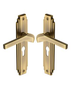 Heritage Brass Antique Brass Tiffany Door Handle on Plate - Euro Profile