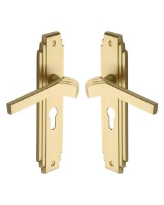 Heritage Brass Satin Brass Tiffany Door Handle on Plate - Euro Profile