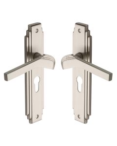 Heritage Brass Satin Nickel Tiffany Door Handle on Plate - Euro Profile