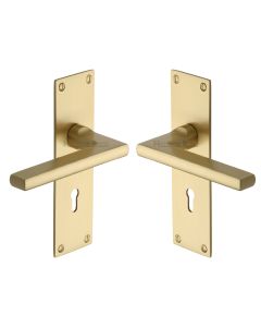 Heritage Brass Satin Brass Trident Door Handle on Plate - Lever Lock