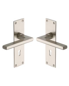 Heritage Brass Satin Nickel Trident Door Handle on Plate - Lever Lock