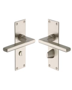 Heritage Brass Satin Nickel Trident Door Handle on Plate - Bathroom Set