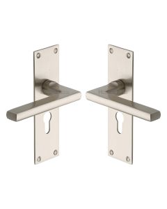 Heritage Brass Satin Nickel Trident Door Handle on Plate - Euro Profile