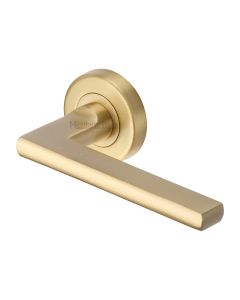 Satin Brass Trident Door Handle on Round Rose