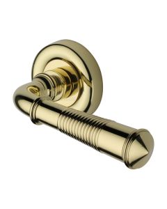 Polished Brass Colonial Reeded Door Handle on Round Rose