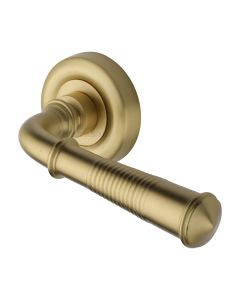 Satin Brass Colonial Reeded Door Handle on Round Rose