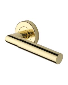 Polished Brass Bauhaus Mitre Door Handle on Round Rose