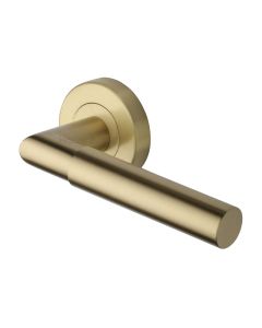 Satin Brass Bauhaus Mitre Door Handle on Round Rose