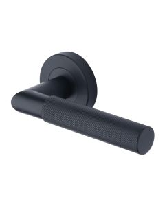 Matt Black Bauhaus Mitre Knurled Door Handle on Round Rose