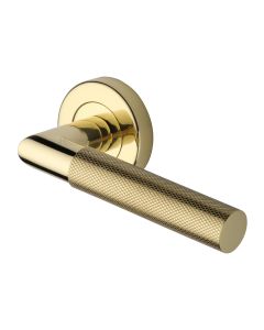 Polished Brass Bauhaus Mitre Knurled Door Handle on Round Rose