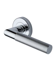 Polished Chrome Bauhaus Mitre Knurled Door Handle on Round Rose