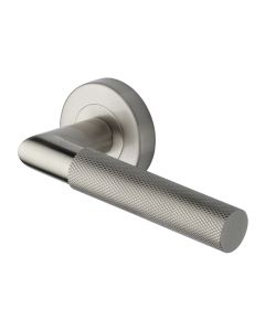Satin Nickel Bauhaus Mitre Knurled Door Handle on Round Rose