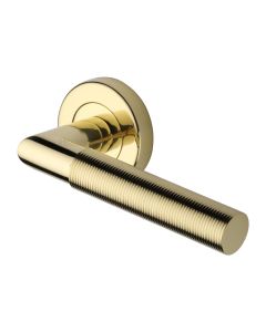 Polished Brass Bauhaus Mitre Reeded Door Handle on Round Rose
