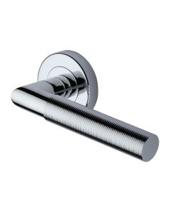 Polished Chrome Bauhaus Mitre Reeded Door Handle on Round Rose