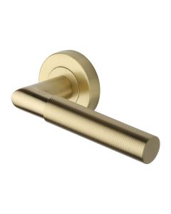 Satin Brass Bauhaus Mitre Reeded Door Handle on Round Rose
