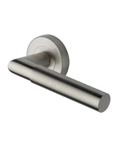 Satin Nickel Bauhaus Mitre Reeded Door Handle on Round Rose