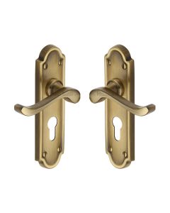 Heritage Brass Antique Brass Meridian Door Handle on Plate - Euro Profile