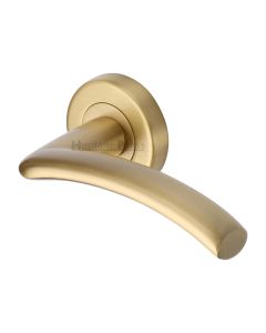 Satin Brass Centaur Door Handle on Round Rose