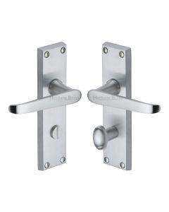 Heritage Brass Satin Chrome Victoria Door Handle on Plate - Bathroom Set