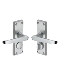 Heritage Brass Satin Chrome Victoria Short Door Handle on Plate - Bathroom Set