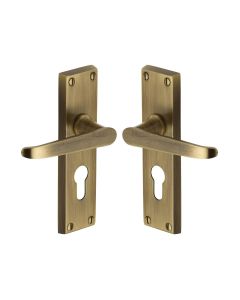 Heritage Brass Antique Brass Victoria Door Handle on Plate - Euro Profile