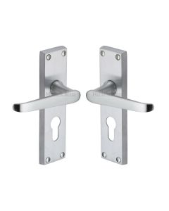 Heritage Brass Satin Chrome Victoria Door Handle on Plate - Euro Profile