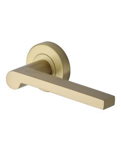 Satin Brass Metro Mid Century Door Handle on Round Rose
