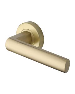 Satin Brass Poseidon Door Handle on Round Rose