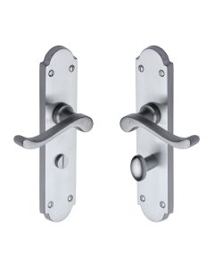 Heritage Brass Satin Chrome Savoy Long Door Handle on Plate - Bathroom Set